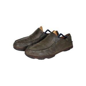 OluKai Men's Moloa US 10,5 Brown Leather Flats Loafer Slippers Shoes